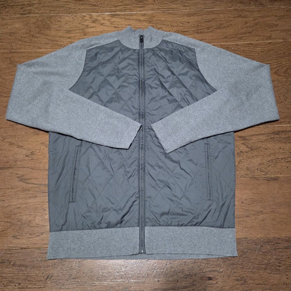 Peter Millar Jacket Mens Medium Gray Quilted Bomber Full Zip Knit Sleeves